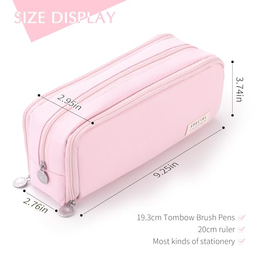CICIMELON Large Capacity Pencil Case 3 Compartment Pouch Pen Bag for School Teen Girl Boy Men Women (Pink)