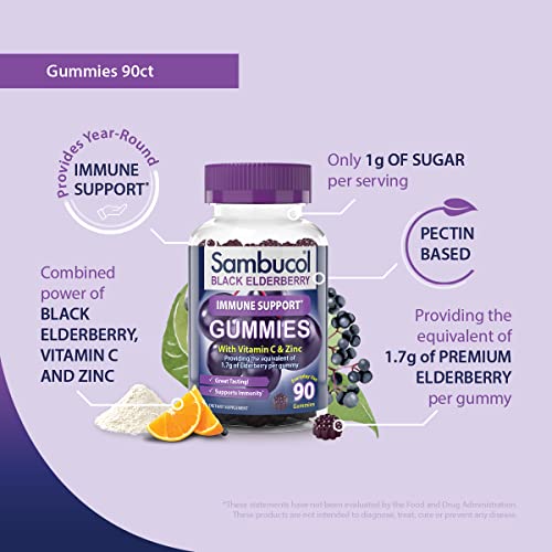 Sambucol Elderberry Gummies for Adults with Vitamin C; Zinc; Sambucus Elderberry Gummies for Immune Support with High Antioxidants; Gluten Free; Vegan; 1 Gummy Per Serving; 90 Count (90 Day Supply)