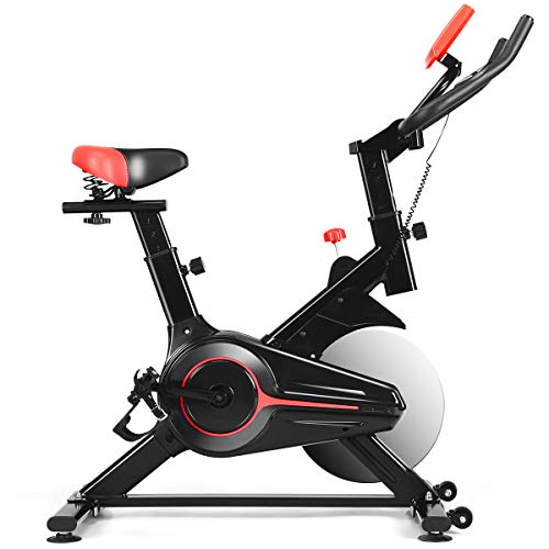 GYMAX Indoor Cycling Bike, Stationary Exercise Bike with LCD Monitor, Heart Pulse Sensor & Comfortable Seat Cushion for Home Workout Black+Red