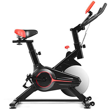 GYMAX Indoor Cycling Bike, Stationary Exercise Bike with LCD Monitor, Heart Pulse Sensor & Comfortable Seat Cushion for Home Workout Black+Red