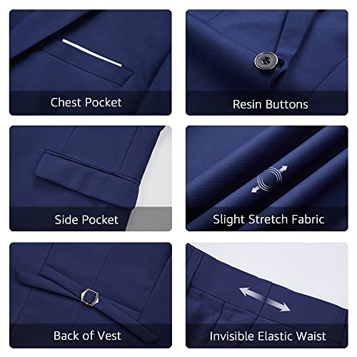 YND Men's Slim Fit 3 Piece Suit Set with Stretch Fabric, One Button Blazer Vest Pants, Solid Party Wedding Dress, Jacket Waistcoat and Trousers with Tie Sky