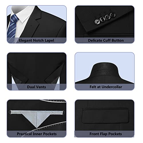 Cooper & Nelson Men's Suit Slim Fit, 3 Piece Suits for Men, One Button Solid Jacket Vest Pants with Tie, Tuxedo Set Black XS
