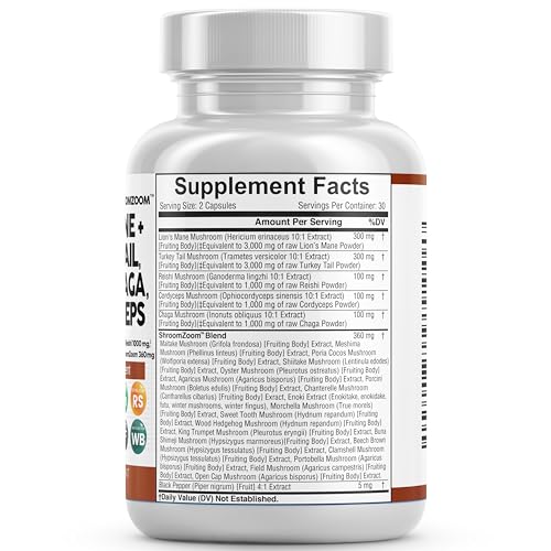 Lions Mane 3000mg 20in1 Mushroom Supplement with Turkey Tail 2000mg Reishi 1000mg Cordyceps Chaga 1000mg Maitake Meshima Poria Cocos Shiitake Oyster Porcini Enoki 60 Count Made In USA
