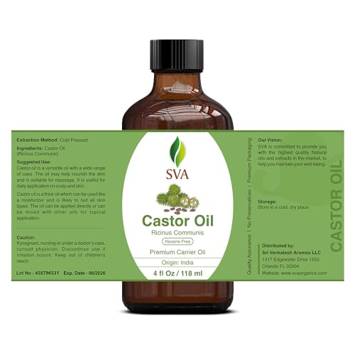 SVA Castor Oil 4 Oz (118 ML) with Dropper, 100% Pure, Therapeutic Grade | Cold Pressed, Hexane Free - Hair Growth, Eyelashes, Eyebrows, Skin & Body Massage.