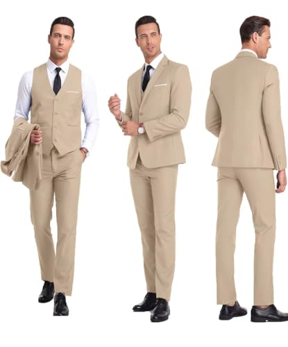Men’s 3 Piece Suit Set Slim Fit Dress Suits Set with 2 Button Tux Blazer Jacket Vest Pants & Tie for Party Wedding Business Beige S