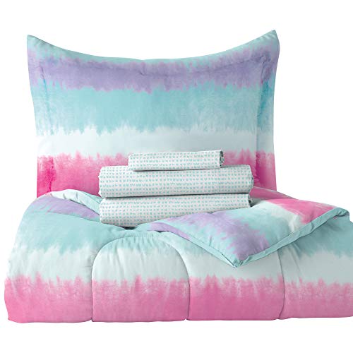 dream FACTORY Tie Dye Stripe 5-Piece Microfiber Bag Comforter Bedding Set Super Soft-Twin, Purple Multi,2D871601MU