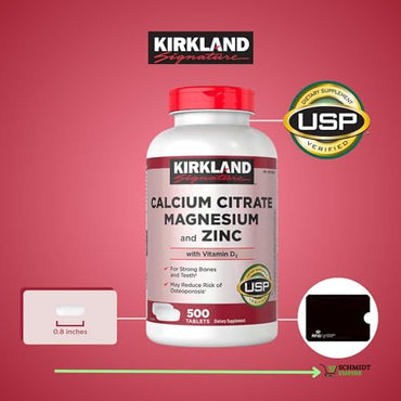 Kirkland Signature Calcium Citrate, Magnesium and Zinc, 500 Tablets + 1 Card Protector SchmiidtEmpire + Sticker (1000ct - Pack of 2)