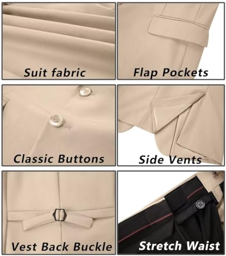 Men’s 3 Piece Suit Set Slim Fit Dress Suits Set with 2 Button Tux Blazer Jacket Vest Pants & Tie for Party Wedding Business Beige S