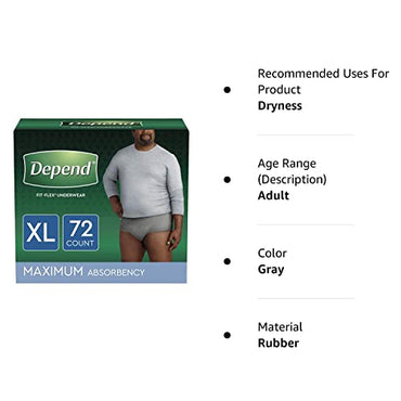 Depend FIT-FLEX Incontinence Underwear for Men, Maximum Absorbency, Disposable, XL, Grey, 72 Count