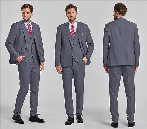 YND Men's Slim Fit 3 Piece Suit Set with Stretch Fabric, One Button Blazer Vest Pants, Solid Party Wedding Dress, Jacket Waistcoat and Trousers with Tie Deep Grey
