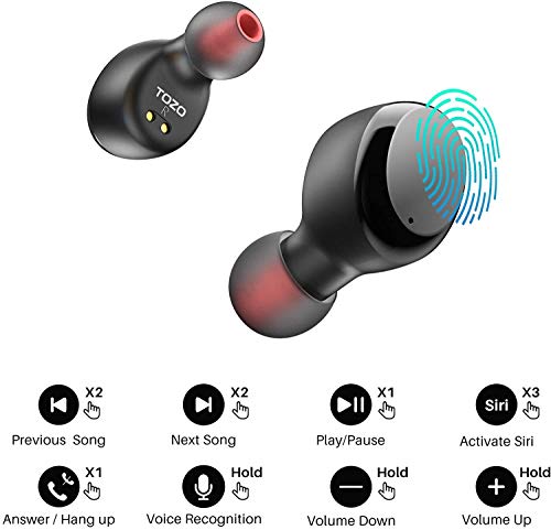 TOZO T6 True Wireless Earbuds Bluetooth 5.3 Headphones Touch Control with Wireless Charging Case IPX8 Waterproof Stereo Earphones in-Ear Built-in Mic Headset Premium Deep Bass Black