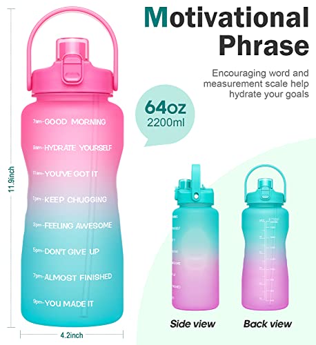 Geritto Half Gallon Water Bottle with 2-in-1 Lid (Straw lid/Chug Lid), 64oz Large Capacity Water Jug BPA-free, Leak-proof Water Jugs with Time marker for Gym Outdoor