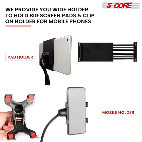 5 Core Microphone Stand Pair + Phone Holder Floor Boom Mic Stand Gooseneck + Tablet Holder Collapsible Adjustable Tripod Mic Stand w Two Mic Clips + Carry Bag for Singing Karaoke Studio Parties MS MOB
