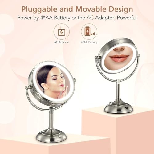 VESAUR Professional 8.5" Large Lighted Makeup Mirror Updated with 3 Color Lights, 1X/10X Magnifying Swivel Vanity Brightness Dimmable Cosmetic Mirror with 48 Premium LED Lights, Senior Pearl Nickel