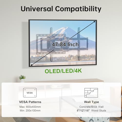 USX MOUNT Full Motion TV Wall Mount for Most 47-84 inch Flat Screen/LED/4K TV, Mount Bracket Dual Swivel Articulating Tilt 6 Arms, Max VESA 600x400mm, Holds up to 132lbs, Fits 8” 12” 16" Wood Studs