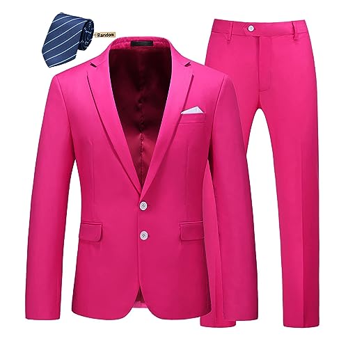 MOGU Mens Slim Fit Suit 2 Piece Tuxedo for Daily Business Wedding Party (Suit Jacket + Pants) US Size Blazer 30/Pants 29 Hot Pink