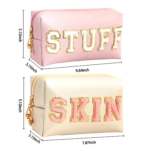 Vorey 2PCS Preppy Makeup Bag for Women Travel Toiletry Bag Chenille Letter Cosmetic Bag PU Leather Waterproof Pouch Cute Zipper Organizer, Stuff and Skin