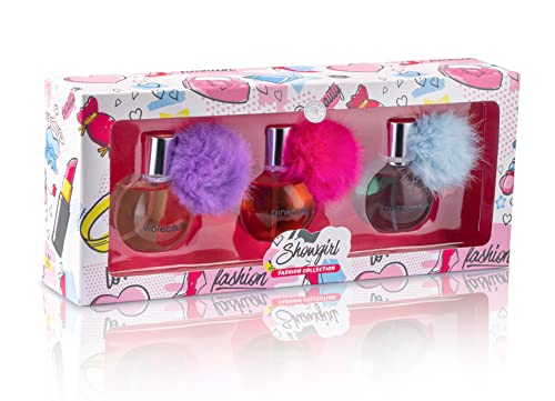 SCENTED THINGS Showgirl Body Spray Girl Perfume Set | Little Girls to Teen Girl Gifts, Girl Birthday Gift, Body Mist Perfume Set with Fur Pom-Pom Puff Ball | Fashion Collection (3 Piece Set)