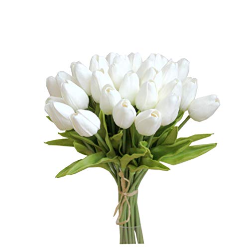Mandy's 28pcs White Artificial Tulip Silk Flowers 13.5" in Bulk Home Kitchen Wedding Decorations