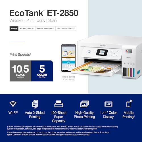 Epson EcoTank ET-2850 Wireless Color All-in-One Cartridge-Free Supertank Printer with Scan, Copy and Auto 2-Sided Printing. Full 1-Year Limited Warranty - White (Refurbished)