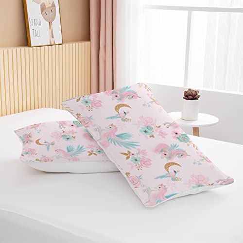 BEDMUST Unicorn Comforter Set King - Soft Cute Pink Unicorn Bedding Set with Flowers Leaves and Blue Birds Print Pattern 3 Piece Unicorn Bed Set for Teen Women Aldults (King, Gold Moon)