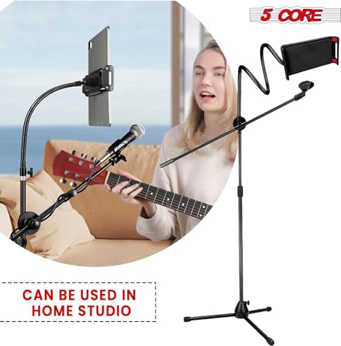 5 Core Microphone Stand Pair + Phone Holder Floor Boom Mic Stand Gooseneck + Tablet Holder Collapsible Adjustable Tripod Mic Stand w Two Mic Clips + Carry Bag for Singing Karaoke Studio Parties MS MOB