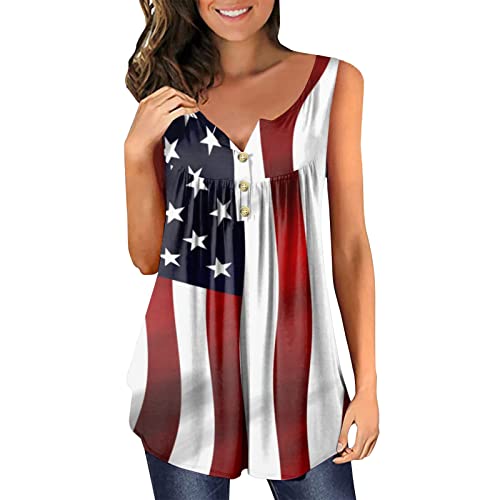 Henley Tank Tops Long Length For Women Loose Fit Flare Shirts USA Flag Print Button Flowy Tunic Top Comfy Summer Blouse Shirt, *A08-wine, XX-Large