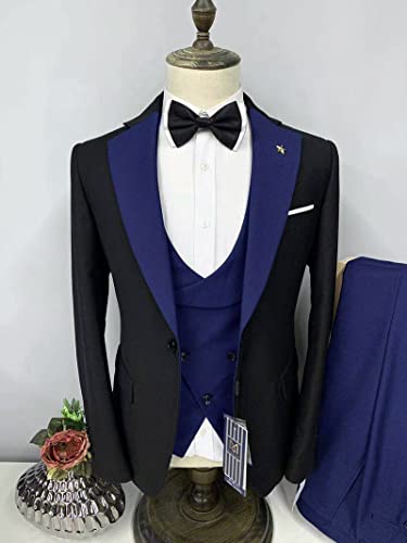 Men's Suits Slim Fit 3 Pieces Notch Lapel Formal Groomsmen Tuxedos for Wedding (Blazer+Vest+Pant)(Black,42)