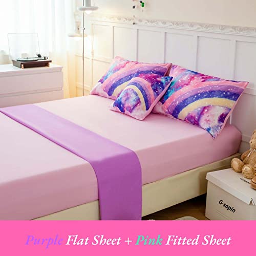 ANGIYUIN 6 Pcs Tie Dye Pink Twin Comforter Set for Girls, 3D Rainbow Galaxy Gradient Themed Bed in A Bag, Pastle Nebula Kids Bedding Set with Sheets, Comforter and Pillowcases for All Season