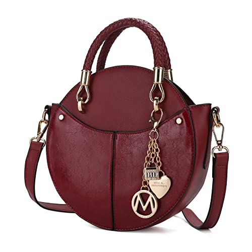 MKF Stylish Round Crossbody Bag for Women – PU Leather Wristlet Handbag – Lady Fashion Circle Messenger Purse Wine