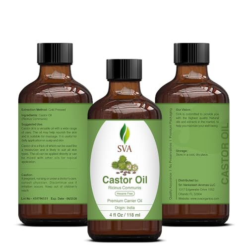 SVA Castor Oil 4 Oz (118 ML) with Dropper, 100% Pure, Therapeutic Grade | Cold Pressed, Hexane Free - Hair Growth, Eyelashes, Eyebrows, Skin & Body Massage.