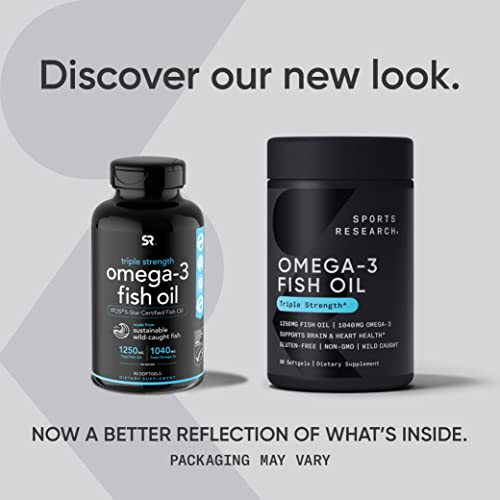 Sports Research Triple Strength Omega 3 Fish Oil 1250mg from Wild Alaska Pollock | Burpless Fish Oil Supplement with Omega-3 EPA & DHA | Sustainably Sourced, Non-GMO, Gluten Free - 90 Softgels
