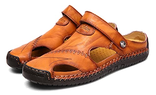 Honeystore Men's Leather Hollow Athletic Sandals Slip-on Roman Casual Shoes Light Brown 8.5 D(M) US Men