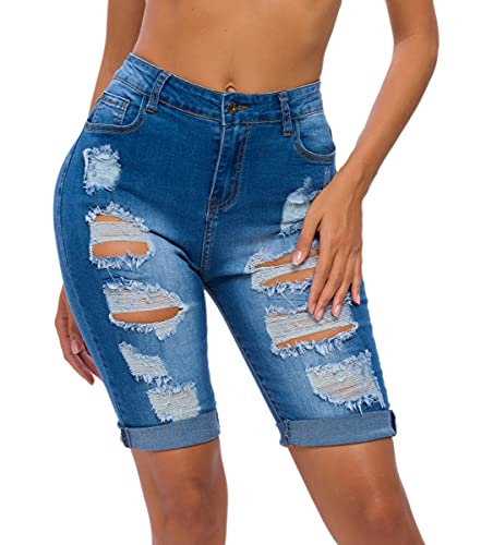 olrain Womens High Waist Ripped Hole Washed Distressed Short Jeans 14 Blue