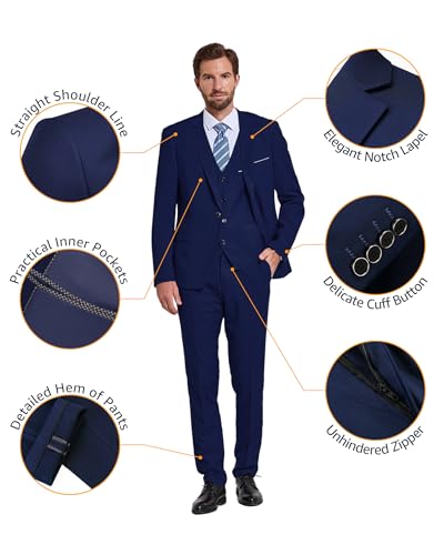 YND Men's Slim Fit 3 Piece Suit Set with Stretch Fabric, One Button Blazer Vest Pants, Solid Party Wedding Dress, Jacket Waistcoat and Trousers with Tie Deep Grey