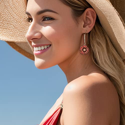BriLove Fashion Elegant Rhinestone Enamel Rose Flower Hook Dangle Earrigns for Women Ruby Color Gold-Toned