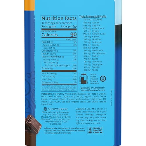Sunwarrior Vegan Organic Protein Powder Plant-Based | BCAA Amino Acids Hemp Seed Soy Free Dairy Free Gluten Free Synthetic Free Non-GMO | Chocolate 32 Servings | Warrior Blend