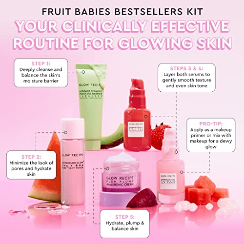 Glow Recipe - Fruit Babies Bestsellers Kit - Mini Travel Size Beauty Essentials - Avocado Foam Cleanser, Niacinamide Dew Drops Serum, Pore-Tight Toner, Salicylic Serum, Hyaluronic Acid Cream (6 Count)