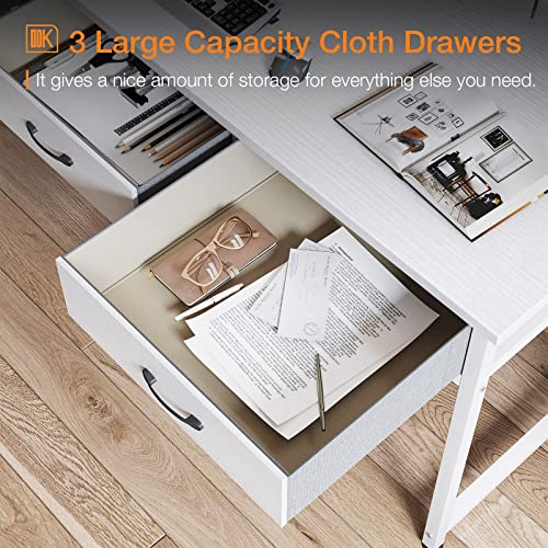 ODK Office Small Computer Desk: Home Table with Fabric Drawers & Storage Shelves, Modern Writing Desk, White, 48"x16"