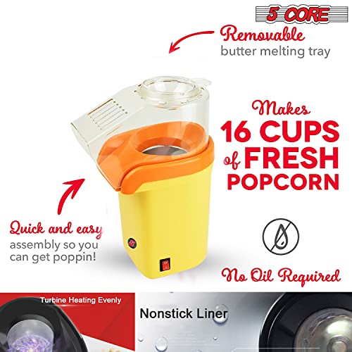 5 Core Hot Air Popcorn Popper 1200W Electric Popcorn Machine Kernel Corn Maker, Bpa Free, 16 Cups, 95% Popping Rate, 3 Minutes Fast, No Oil Healthy Snack for Kids Adults, Home, Party & Gift POP Y