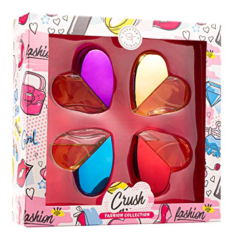 SCENTED THINGS Crush Body Spray Girl Perfume Set | Little Girls to Teen Girl Gifts, Girl Birthday Gift, Body Mist Perfume Set in Heart Shaped Bottles | Fashion Collection (4 Piece Set)
