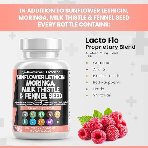Sunflower Lecithin 6000mg Lactation Supplement with Moringa 25000mg Milk Thistle 2000mg Fennel Seed 2000mg Plus Goats Rue, Shatavari, Alfalfa, Red Raspberry & Nettle For Breastfeeding USA Made 60 Ct