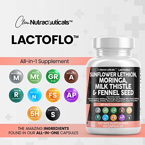 Sunflower Lecithin 6000mg Lactation Supplement with Moringa 25000mg Milk Thistle 2000mg Fennel Seed 2000mg Plus Goats Rue, Shatavari, Alfalfa, Red Raspberry & Nettle For Breastfeeding USA Made 60 Ct