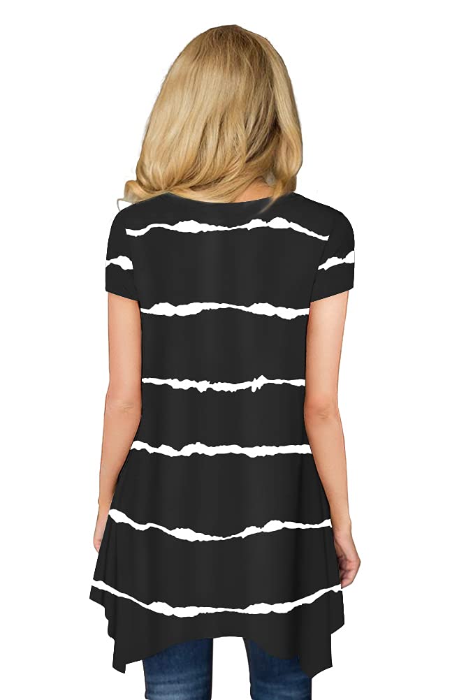 POPYOUNG Womens Summer Short Sleeve Tunic Tops Casual Swing Blouse Shirt XL, Stripe Black