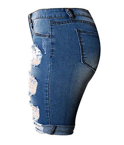 olrain Womens High Waist Ripped Hole Washed Distressed Short Jeans 14 Blue