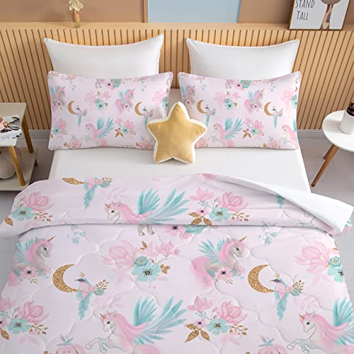 BEDMUST Unicorn Comforter Set King - Soft Cute Pink Unicorn Bedding Set with Flowers Leaves and Blue Birds Print Pattern 3 Piece Unicorn Bed Set for Teen Women Aldults (King, Gold Moon)