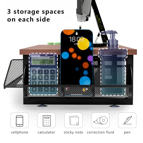 Simple Trending Metal Monitor Stand Riser with Drawer, Wood Desk Computer Organizer with Side Storage for Laptop and Printer,