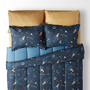 SLEEP ZONE Kids Full/Queen Size - 7 Pieces Super Cute & Soft Bedding Sets & Collections Including Comforter, Sheet, Pillowcase & Sham - Fade Resistant Easy Care (Space Rocket)