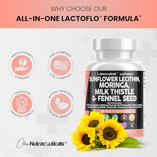 Sunflower Lecithin 6000mg Lactation Supplement with Moringa 25000mg Milk Thistle 2000mg Fennel Seed 2000mg Plus Goats Rue, Shatavari, Alfalfa, Red Raspberry & Nettle For Breastfeeding USA Made 60 Ct