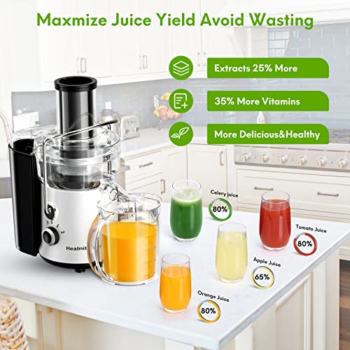 650W 3 Speeds Juicer Machines Vegetable and Fruit, Healnitor Centrifugal Juice Extractor with Wide 3” Feed Chute, Easy to Clean, BPA-Free Compact Centrifugal Juice Maker, White